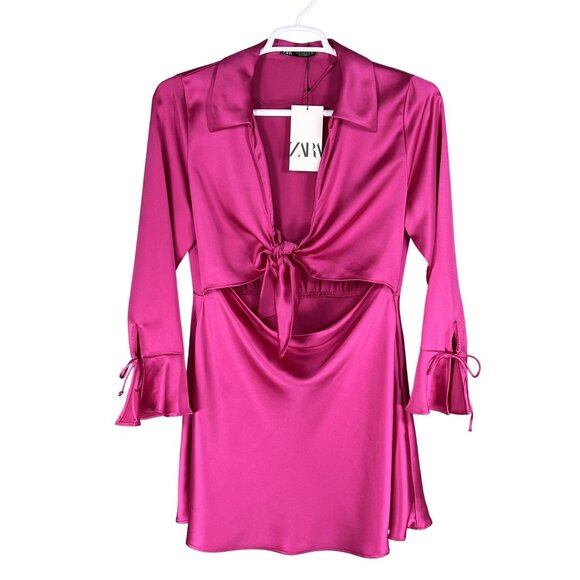 Zara XL NWT Blogger Favorite Pink Satin Cut Out Mini Dress Bell Sleeves Coquette - Picture 12 of 16